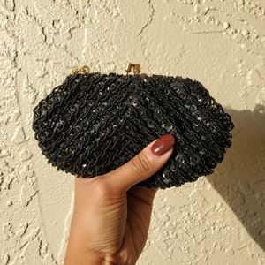 Black Sequin & Beaded Bag w/ Gold Colored Chain